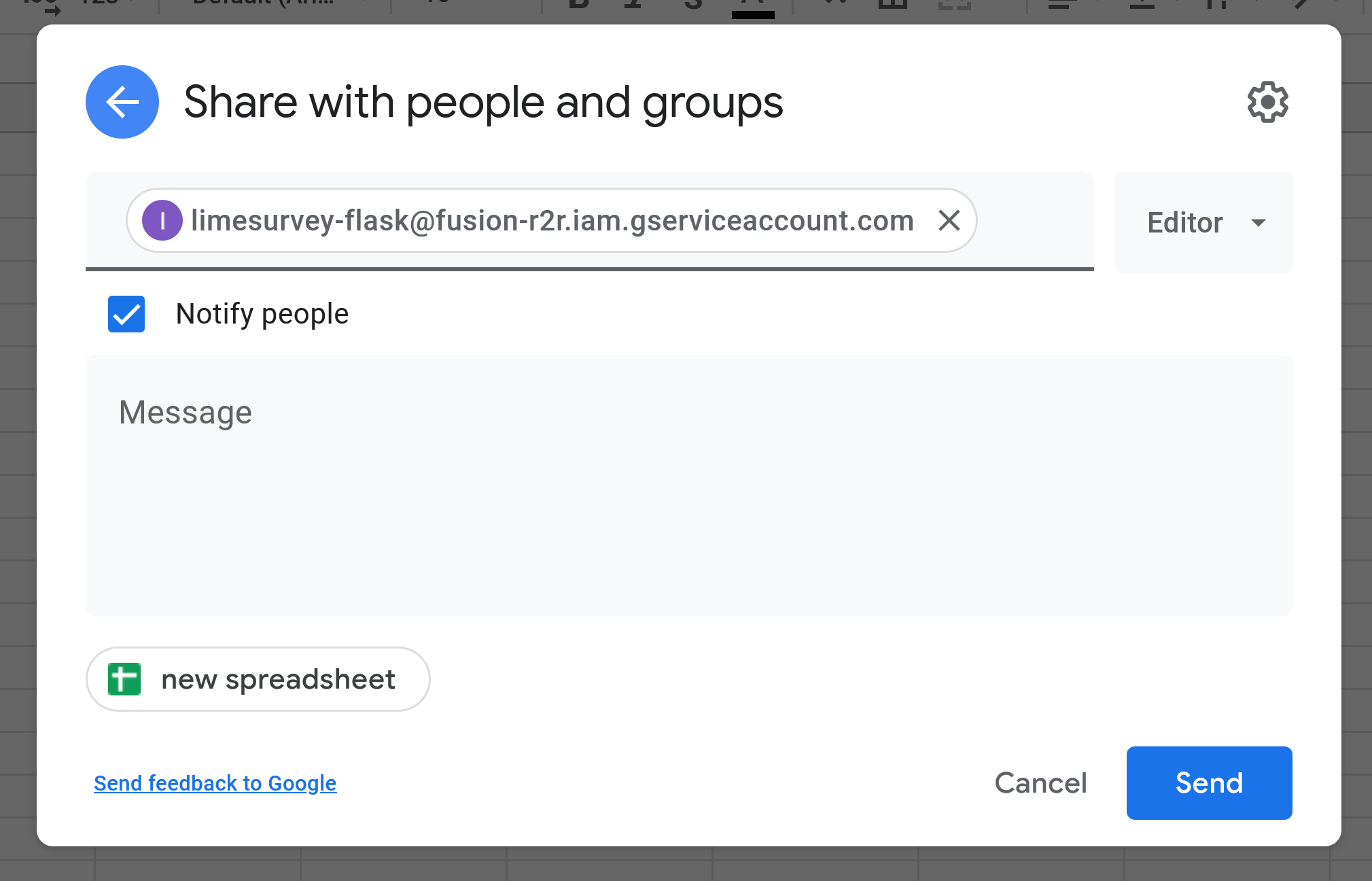 Image of Google spreadsheet with configured sharing to limesurvey integration account