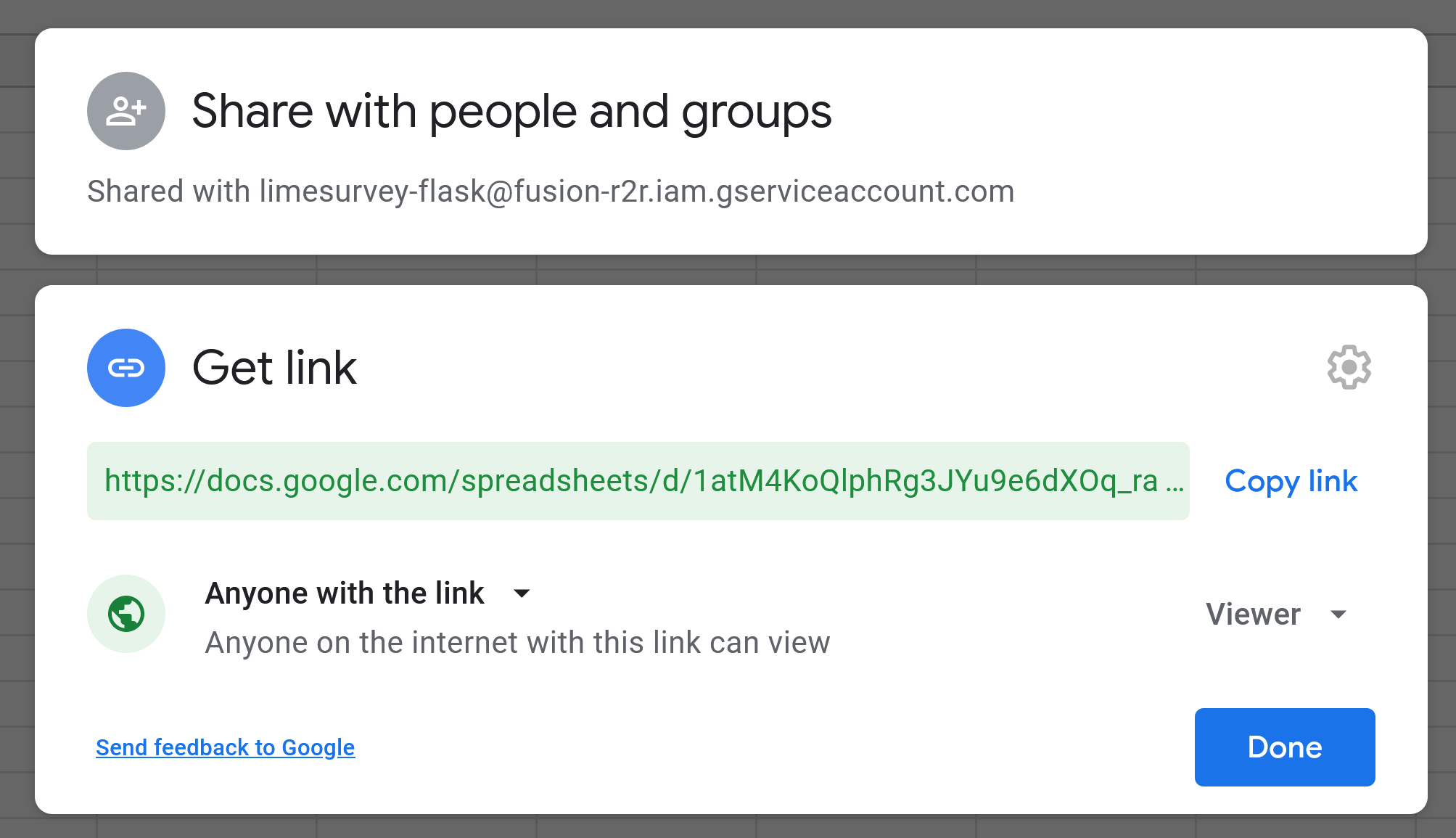 Image of expanded "Get link" menu with proper sharing settings