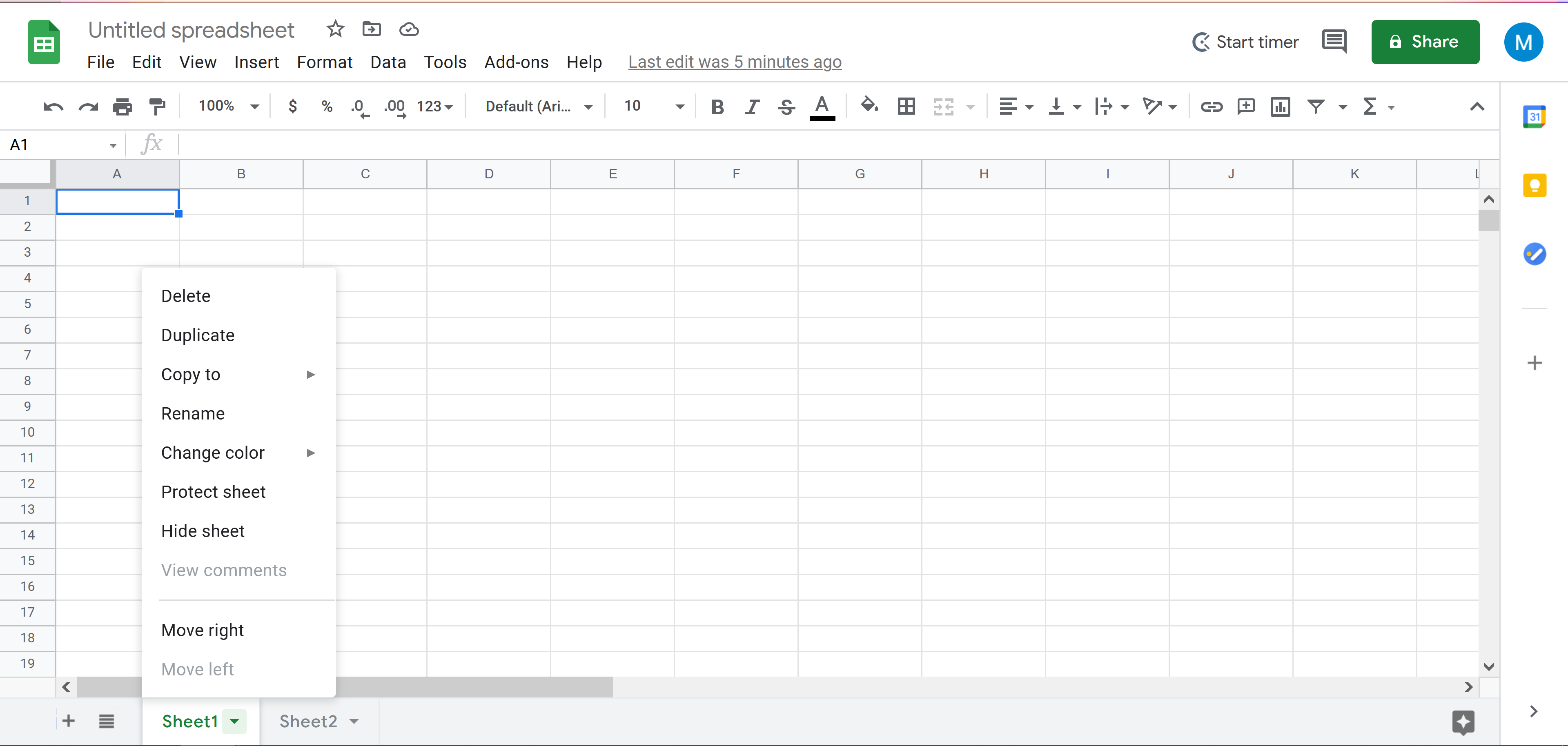 Image of blank Google Spreadsheet with options dropdown for first spreadsheet tab
