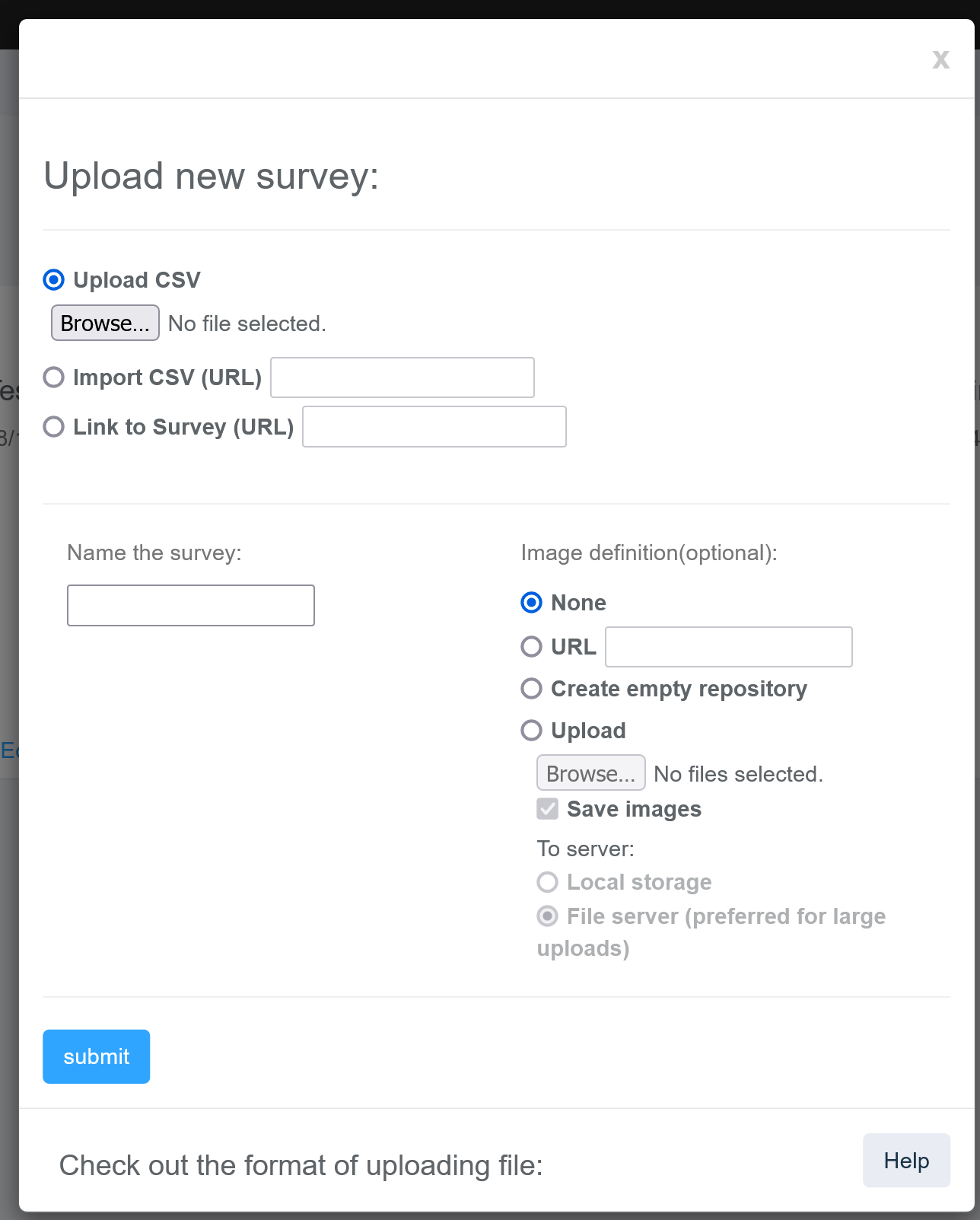 Image of defaulted "Upload new survey" menu