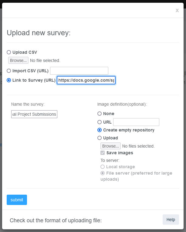 Image of formatted "Upload new survey" menu