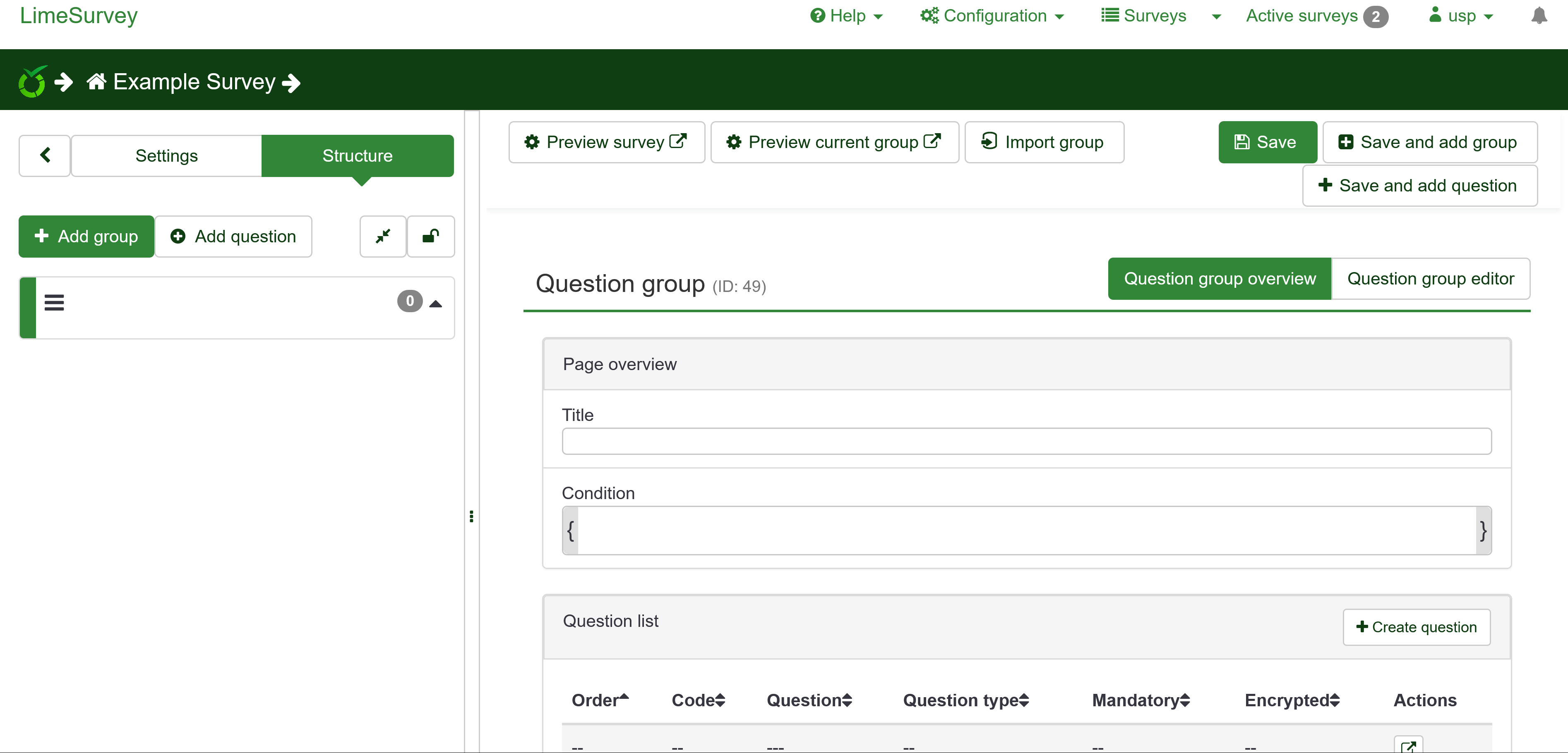 Image of Question Group page