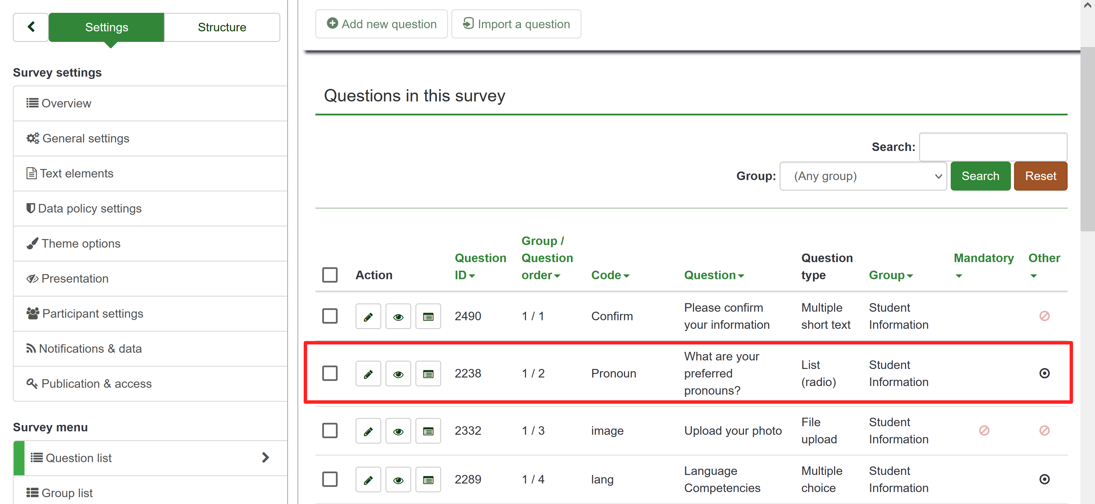 Image of questions list with highlighted question for example