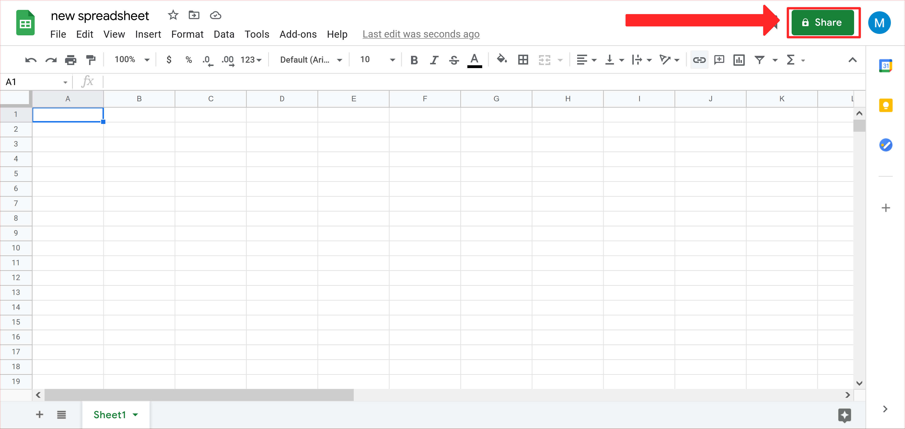 Image of blank Google spreadsheet with highlighted "Share" button