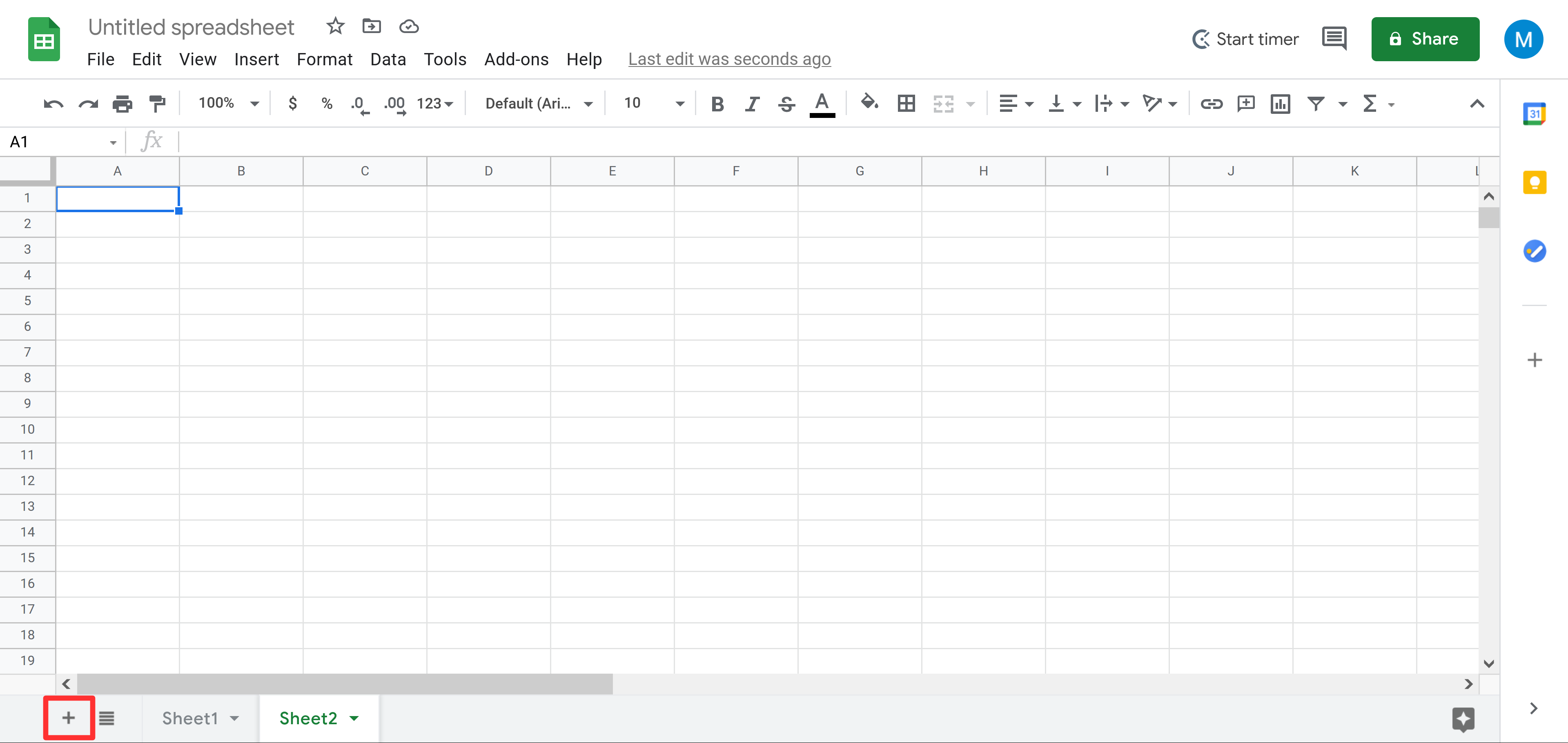 Image of blank Google Spreadsheet with highlighted new tab (+) button