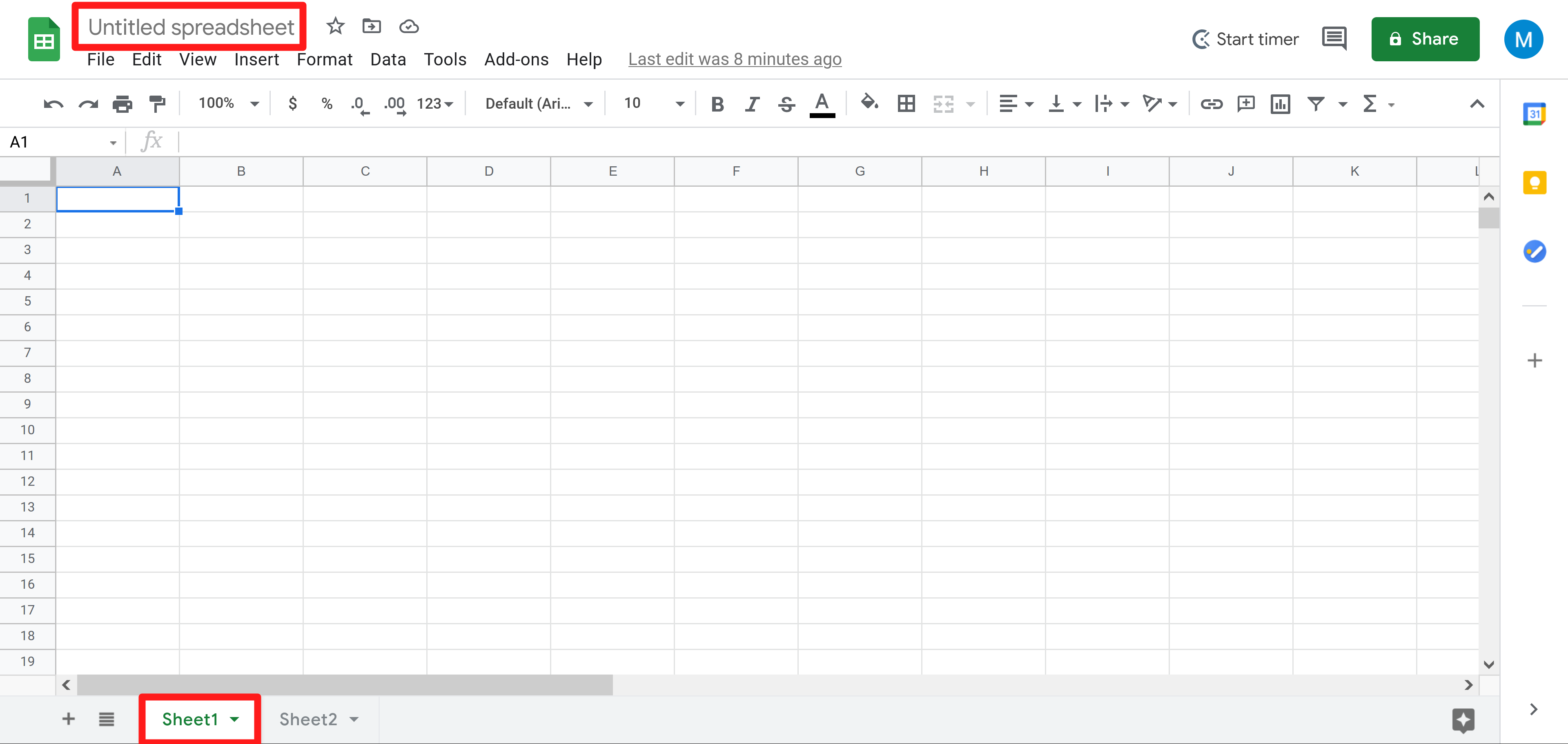 Image of blank Google Spreadsheet with highlighted title text box/element and tab button