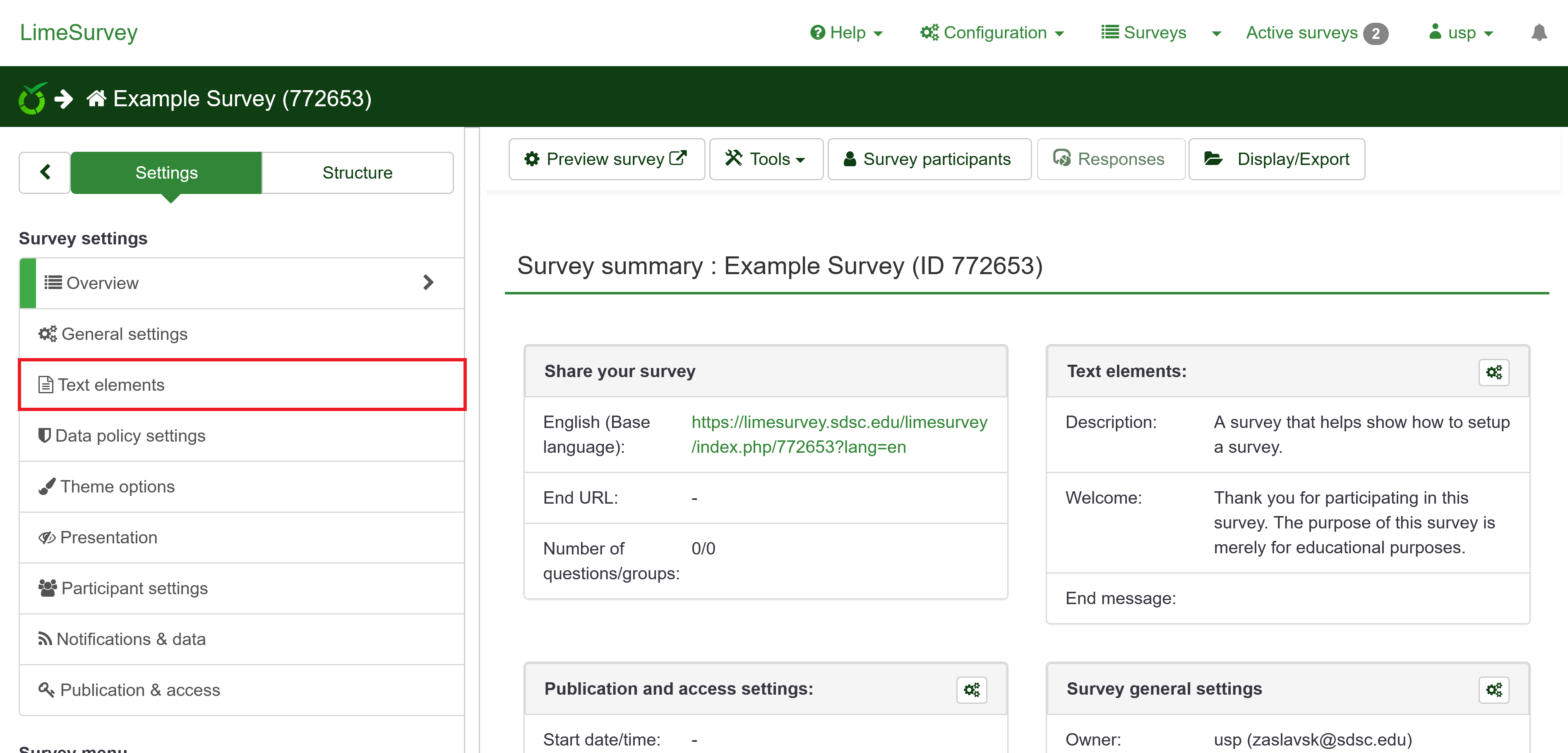 Image of survey summary with highlighted "Text elements" navigation menu item