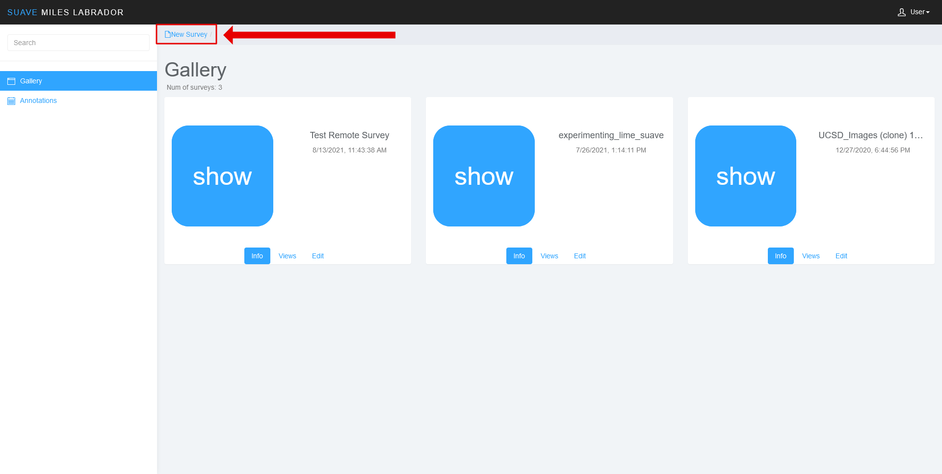 Image of SuAVE Gallery page with highlighted "New Survey" button