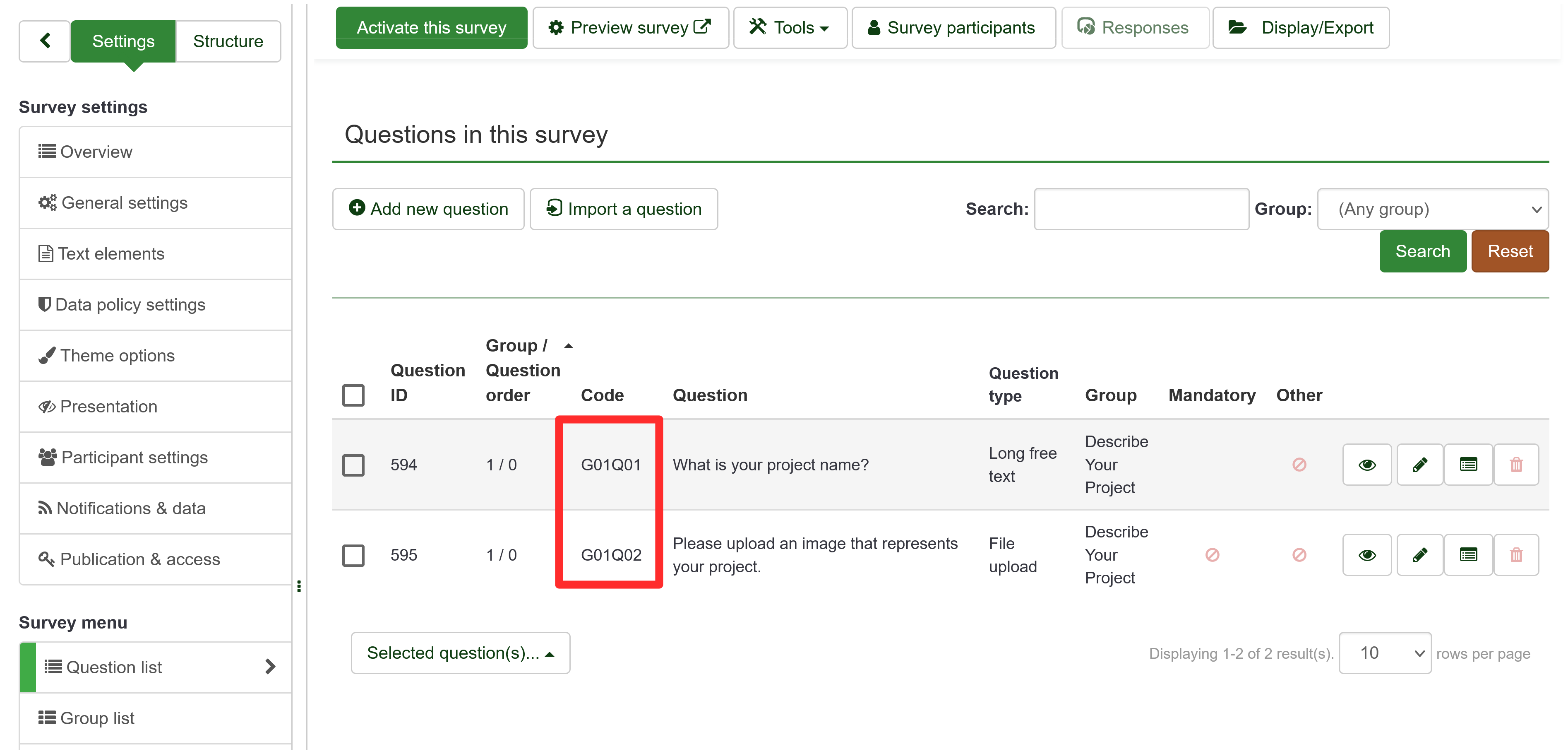 Image of "Question list" page with highlighted question codes column